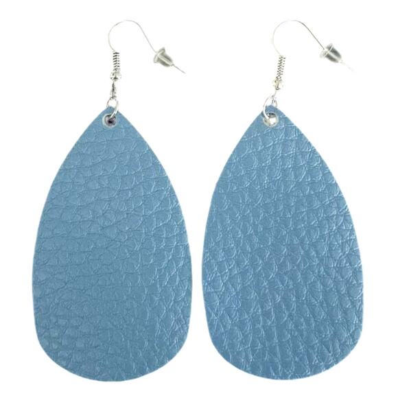 Light Blue Leather Earrings Teardrop Pebbled Tarheels - Picture 1 of 3